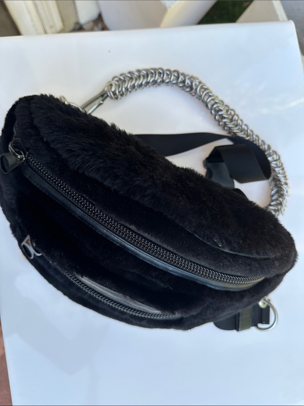 Alexander Wang Black Faux Fur Chain-Strap Belt Bag
